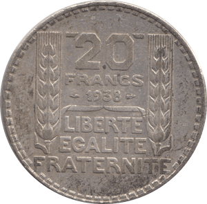 1938 SILVER 20 FRANCS FRANCE - SILVER WORLD COINS - Cambridgeshire Coins
