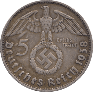 1938 SILVER 5 MARK GERMANY - SILVER WORLD COINS - Cambridgeshire Coins