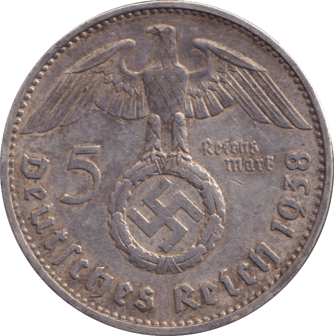 1938 SILVER 5 REICHSMARKS GERMANY - SILVER WORLD COINS - Cambridgeshire Coins