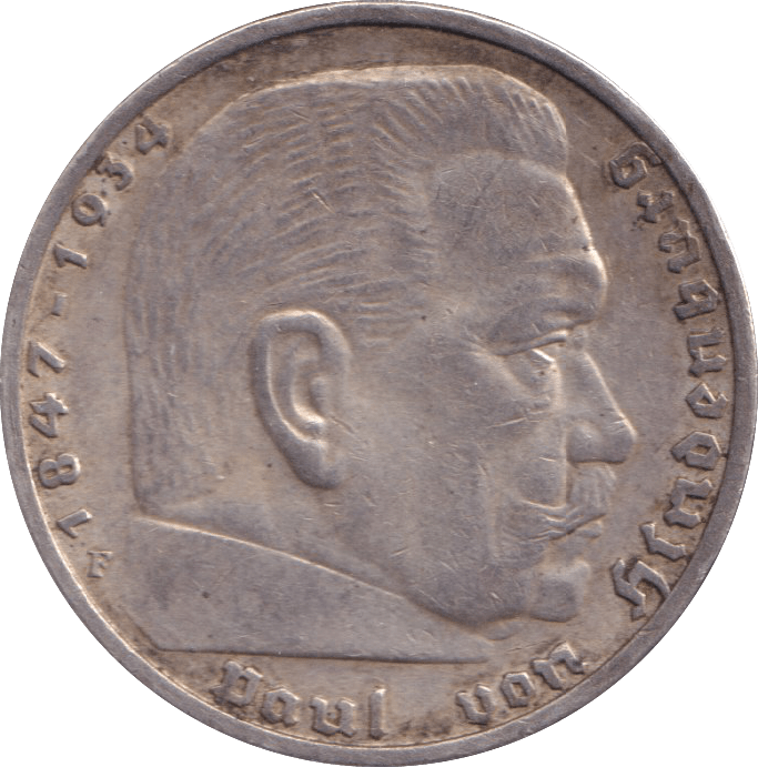 1938 SILVER 5 REICHSMARKS GERMANY - SILVER WORLD COINS - Cambridgeshire Coins