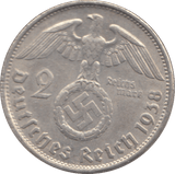 1938 SILVER NAZI GERMANY 2 MARK - SILVER WORLD COINS - Cambridgeshire Coins