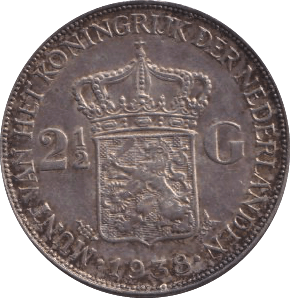 1938 SILVER NETHERLANDS 2 1/2 GULDEN - SILVER WORLD COINS - Cambridgeshire Coins