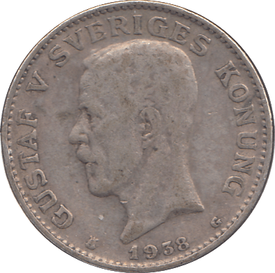 1938 SILVER ONE KRONER SWEDEN - SILVER WORLD COINS - Cambridgeshire Coins