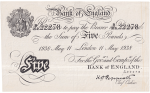1938 WHITE FIVE POUND NOTE MAY 11TH LONDON BANK OF ENGLAND PEPPIATT OPERATION BERNHARD B5-£5 - £5 BANKNOTES WHITE - Cambridgeshire Coins