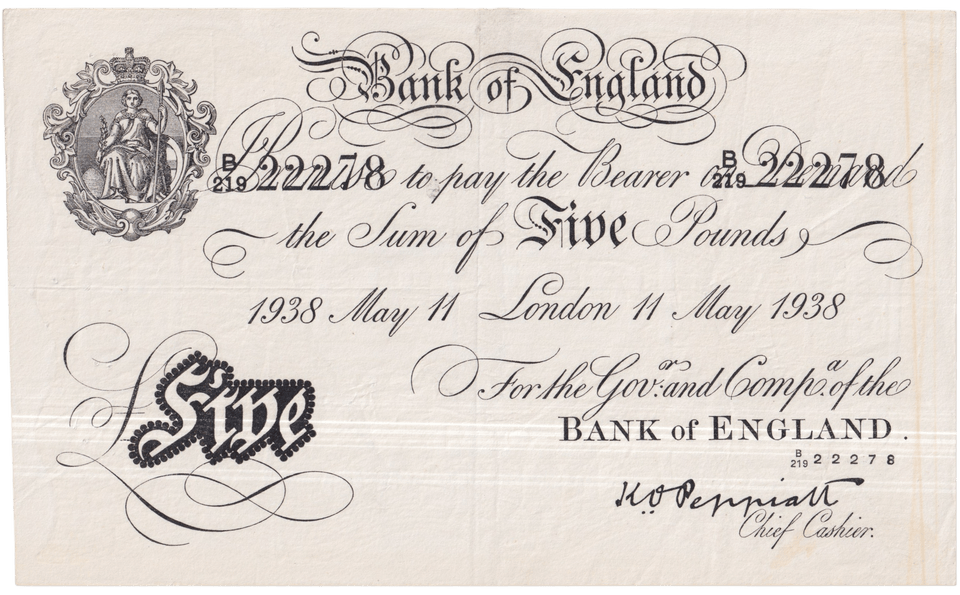 1938 WHITE FIVE POUND NOTE MAY 11TH LONDON BANK OF ENGLAND PEPPIATT OPERATION BERNHARD B5-£5 - £5 BANKNOTES WHITE - Cambridgeshire Coins
