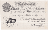 1938 WHITE FIVE POUND NOTE MAY 11TH LONDON BANK OF ENGLAND PEPPIATT OPERATION BERNHARD B5-£5 - £5 BANKNOTES WHITE - Cambridgeshire Coins
