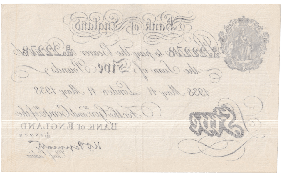 1938 WHITE FIVE POUND NOTE MAY 11TH LONDON BANK OF ENGLAND PEPPIATT OPERATION BERNHARD B5-£5 - £5 BANKNOTES WHITE - Cambridgeshire Coins