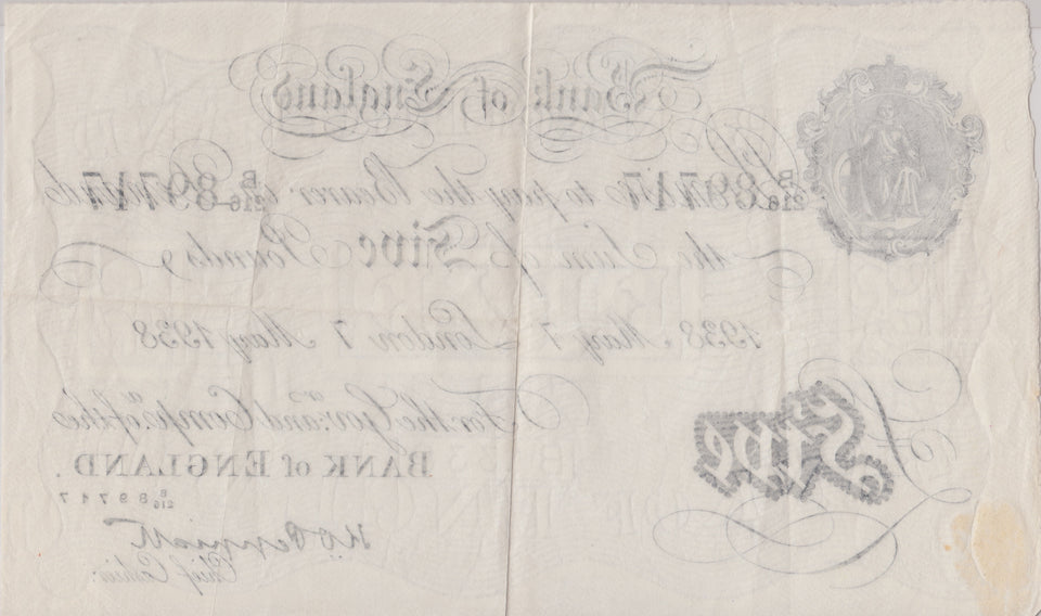 1938 WHITE FIVE POUND NOTE MAY 7TH LONDON BANK OF ENGLAND PEPPPATT W£5 - 22 - £5 BANKNOTES WHITE - Cambridgeshire Coins
