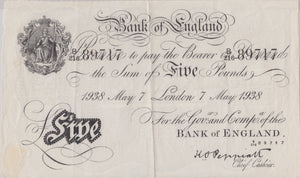 1938 WHITE FIVE POUND NOTE MAY 7TH LONDON BANK OF ENGLAND PEPPPATT W£5 - 22 - £5 BANKNOTES WHITE - Cambridgeshire Coins
