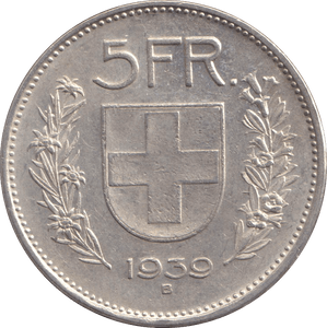 1939 FIVE FRANK SWITZERLAND - WORLD COINS - Cambridgeshire Coins