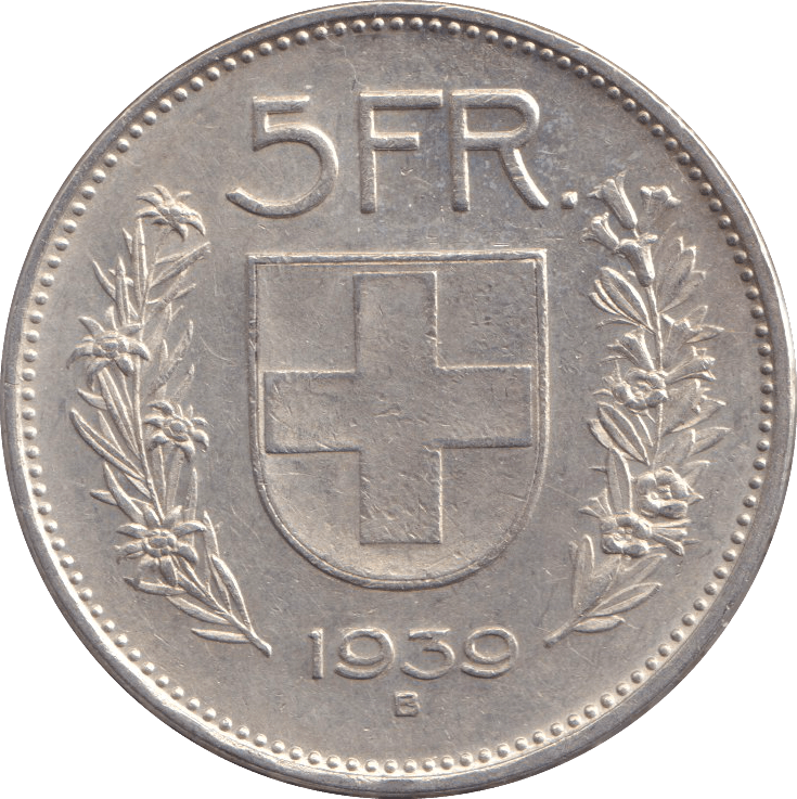 1939 FIVE FRANK SWITZERLAND - WORLD COINS - Cambridgeshire Coins