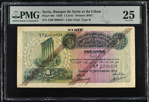 1939 ONE LIVRE CENTS SYRIA BANQUE DE SYRIEET DU LIBAN P40C PMG 25 VERY FINE - PMG CERTIFIED WORLD BANKNOTES - Cambridgeshire Coins