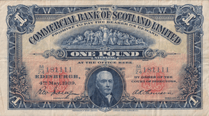 1939 ONE POUND BANKNOTE COMMERCIAL BANK OF SCOTLAND REF SCOT-89 ( VF ) - WORLD BANKNOTES - Cambridgeshire Coins