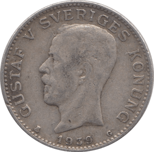 1939 SILVER 1 KRONA SWEDEN - SILVER WORLD COINS - Cambridgeshire Coins