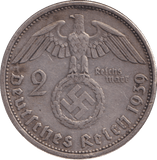 1939 SILVER 2 REICHSMARK GERMANY - SILVER WORLD COINS - Cambridgeshire Coins