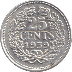 1939 SILVER 25 CENTS NETHERLANDS - SILVER WORLD COINS - Cambridgeshire Coins