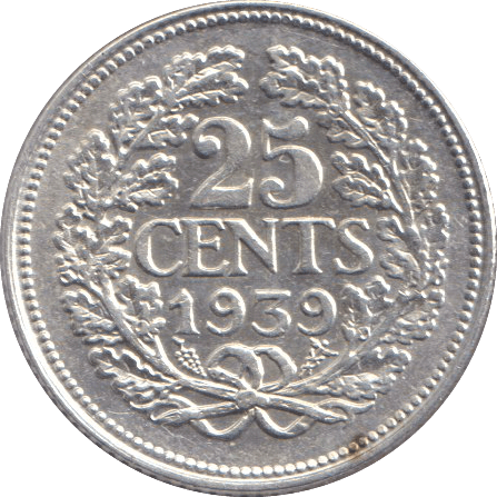 1939 SILVER 25 CENTS NETHERLANDS - SILVER WORLD COINS - Cambridgeshire Coins