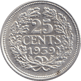1939 SILVER 25 CENTS NETHERLANDS - SILVER WORLD COINS - Cambridgeshire Coins