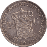 1939 SILVER 2.5 GULDEN NETHERLANDS - SILVER WORLD COINS - Cambridgeshire Coins