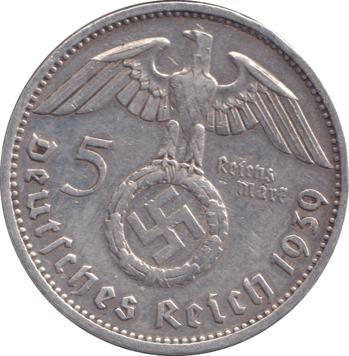1939 SILVER 5 REICHEMARK GERMANY - SILVER WORLD COINS - Cambridgeshire Coins