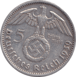1939 SILVER 5 REICHEMARK GERMANY - SILVER WORLD COINS - Cambridgeshire Coins