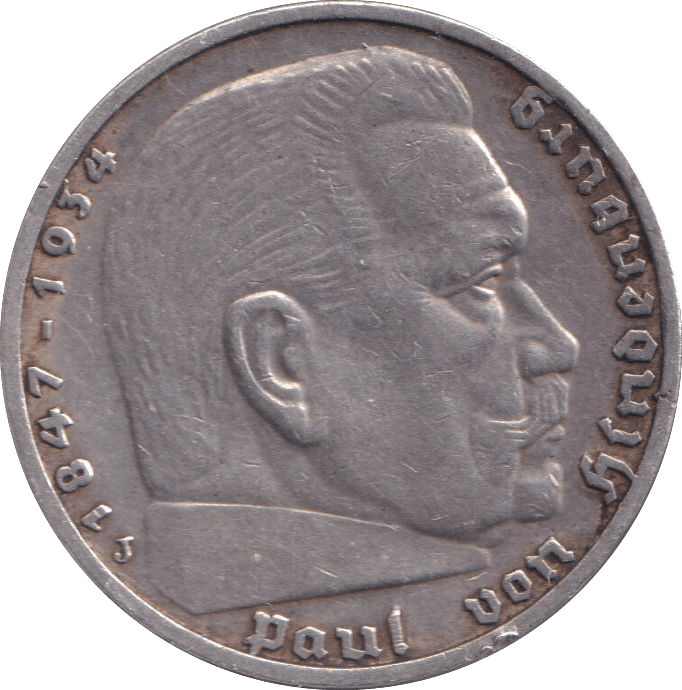 1939 SILVER 5 REICHEMARK GERMANY - SILVER WORLD COINS - Cambridgeshire Coins