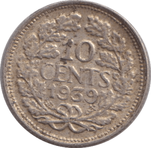1939 SILVER TEN CENTS NETHERLANDS - SILVER WORLD COINS - Cambridgeshire Coins