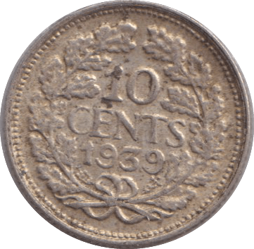 1939 SILVER TEN CENTS NETHERLANDS - SILVER WORLD COINS - Cambridgeshire Coins