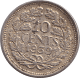 1939 SILVER TEN CENTS NETHERLANDS - SILVER WORLD COINS - Cambridgeshire Coins
