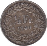 1940 SILVER 1/2 FRANC SWITZERLAND - SILVER WORLD COINS - Cambridgeshire Coins
