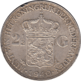 1940 SILVER 2 1/2 GULDEN NETHERLANDS - SILVER WORLD COINS - Cambridgeshire Coins