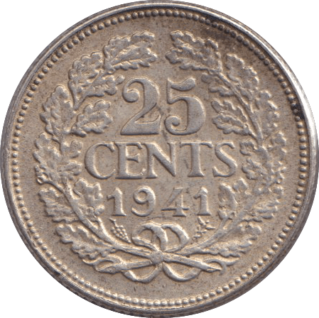 1941 SILVER 25 CENTS NETHERLANDS - SILVER WORLD COINS - Cambridgeshire Coins