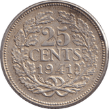 1941 SILVER 25 CENTS NETHERLANDS - SILVER WORLD COINS - Cambridgeshire Coins