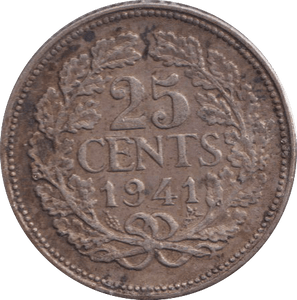 1941 SILVER 25 CENTS NETHERLANDS - SILVER WORLD COINS - Cambridgeshire Coins
