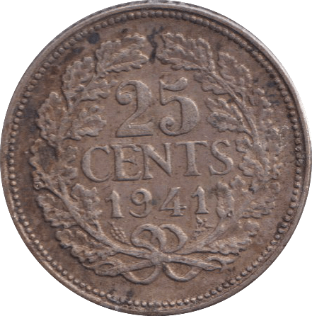 1941 SILVER 25 CENTS NETHERLANDS - SILVER WORLD COINS - Cambridgeshire Coins