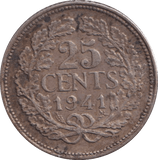1941 SILVER 25 CENTS NETHERLANDS - SILVER WORLD COINS - Cambridgeshire Coins