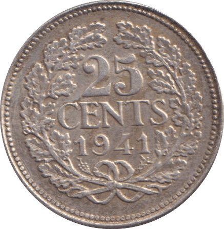 1941 SILVER 25 CENTS NETHERLANDS - SILVER WORLD COINS - Cambridgeshire Coins