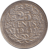 1941 SILVER 25 CENTS NETHERLANDS - SILVER WORLD COINS - Cambridgeshire Coins