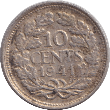 1941 SILVER TEN CENTS NETHERLANDS - SILVER WORLD COINS - Cambridgeshire Coins