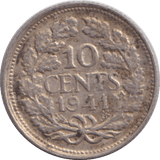1941 SILVER TEN CENTS NETHERLANDS - SILVER WORLD COINS - Cambridgeshire Coins