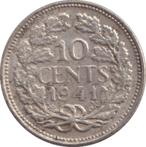 1941 TEN CENTS NETHERLANDS - SILVER WORLD COINS - Cambridgeshire Coins