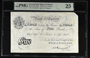 1941 WHITE FIVE POUNDS BANKNOTE PEPPIATT PMG 25 VERY FINE C184 83052 - PMG CERTIFIED ENGLISH BANKNOTES - Cambridgeshire Coins