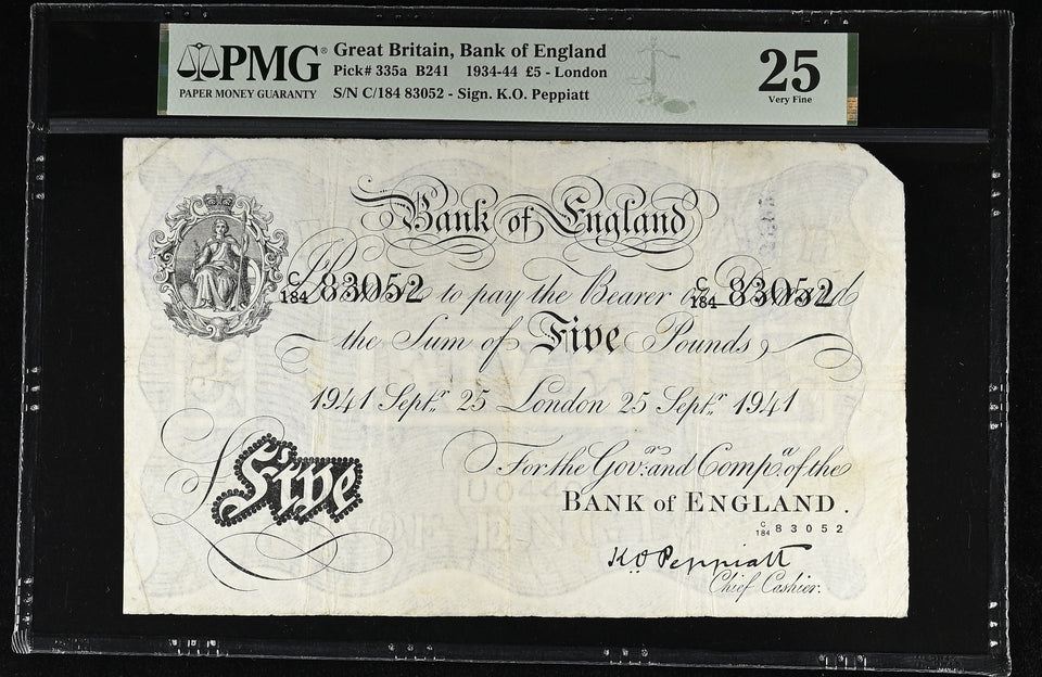 1941 WHITE FIVE POUNDS BANKNOTE PEPPIATT PMG 25 VERY FINE C184 83052 - PMG CERTIFIED ENGLISH BANKNOTES - Cambridgeshire Coins