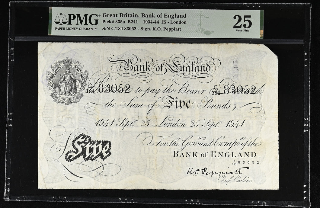 1941 WHITE FIVE POUNDS BANKNOTE PEPPIATT PMG 25 VERY FINE C184 83052 - PMG CERTIFIED ENGLISH BANKNOTES - Cambridgeshire Coins