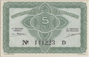 1942 FIVE CENT BANKNOTE FRENCH INDO - CHINA REF 507 - WORLD BANKNOTES - Cambridgeshire Coins