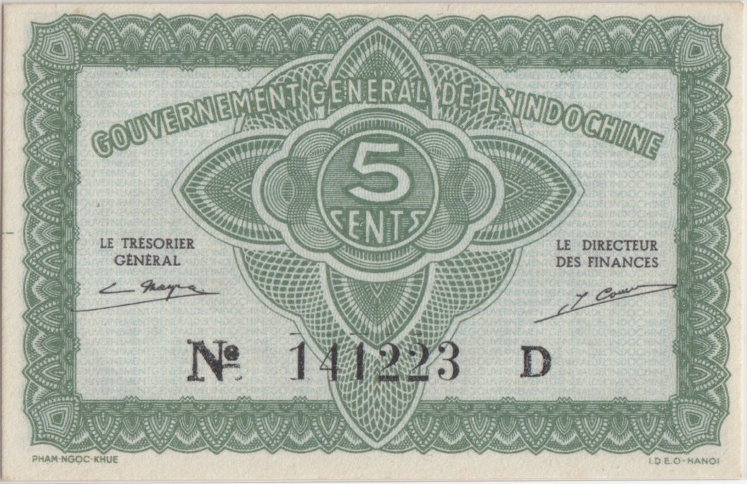 1942 FIVE CENT BANKNOTE FRENCH INDO - CHINA REF 507 - WORLD BANKNOTES - Cambridgeshire Coins