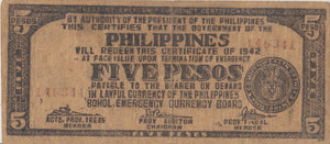 1942 FIVE PESO BANKNOTE PHILIPPINES REF 726 - WORLD BANKNOTES - Cambridgeshire Coins