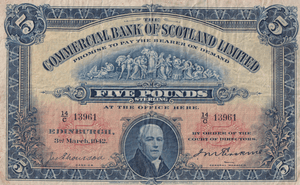 1942 FIVE POUND BANKNOTE COMMERCIAL BANK OF SCOTLAND REF SCOT-91 ( VF ) - WORLD BANKNOTES - Cambridgeshire Coins