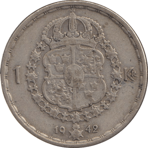 1942 SILVER ONE KRONER SWEDEN - SILVER WORLD COINS - Cambridgeshire Coins