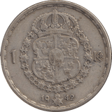 1942 SILVER ONE KRONER SWEDEN - SILVER WORLD COINS - Cambridgeshire Coins